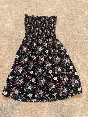 Strapless Floral Sundress in Black with Rust & White Flowers
